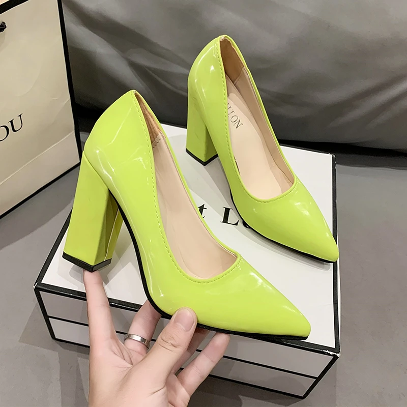 High Heels Pumps Women\'s 2023 Trend The Glossy Chunky Shoes Pointed Toe Elegant Sexy Dress Weddings Bridal Party Luxury Green