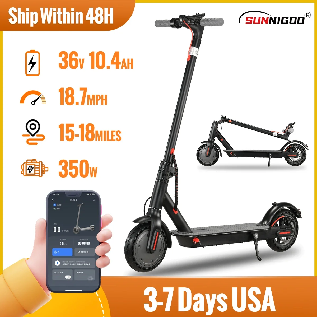 

SUNNIGOO Adult Electric Scooter 36V 10.4Ah Escooter Kick Scooter with APP Lightweight Long Range 30km Scooters 350W