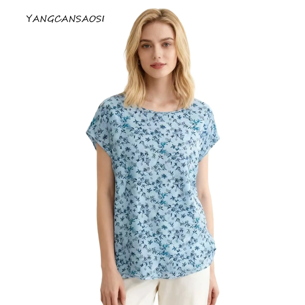 

Женская повседневная одежда из 100% натурального шелка шелковицы Crepe De Chine с синим принтом, универсальная повседневная футболка с круглым вырезом и короткими рукавами