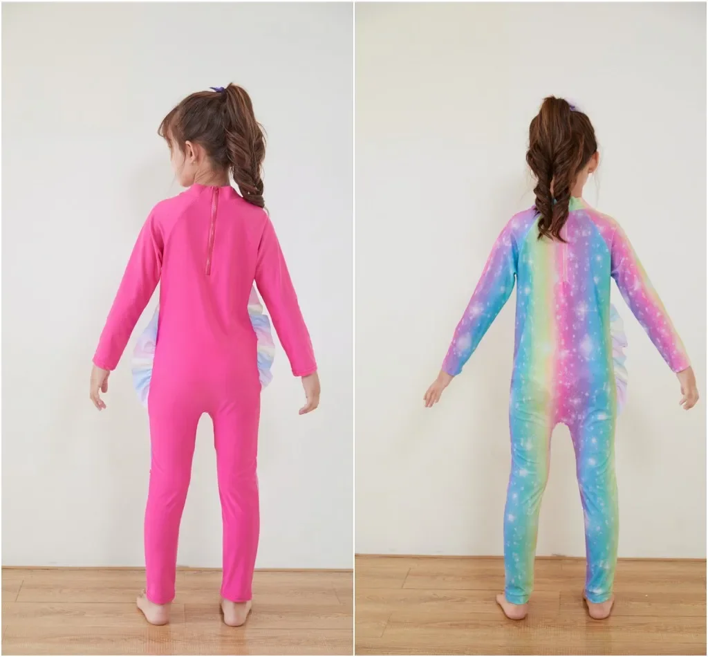 Kids Wet suit Long Sleeve Surfing Suit Rainbow Star Unicorn Diving Snorkeling Swimming Jumpsuit  Dive Swimwear Girls With Cap