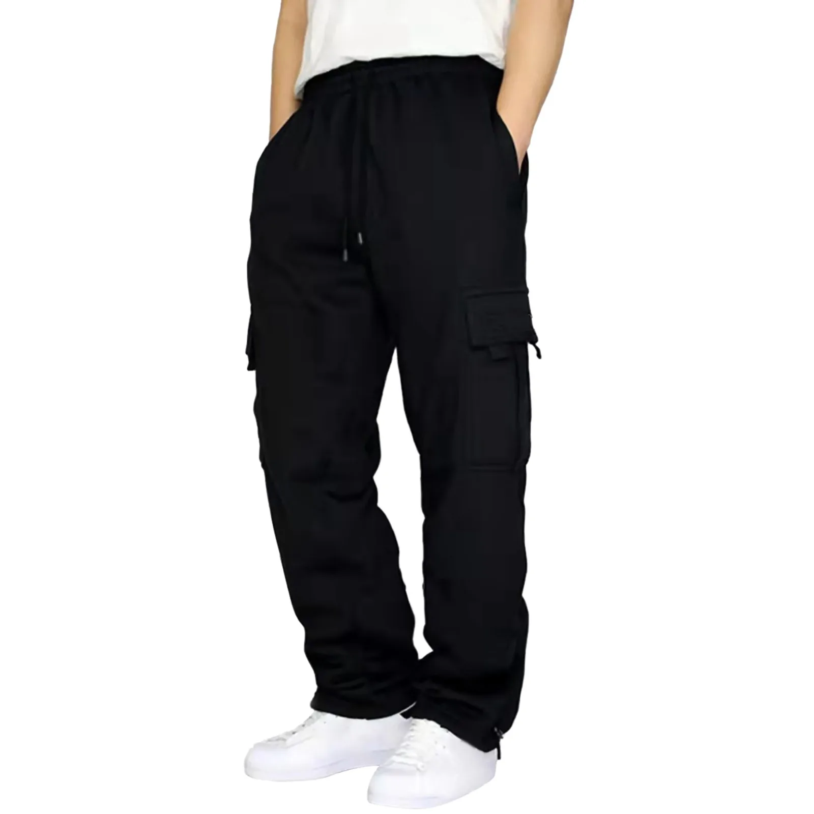 Men's Fitness Running Pants Lace Up Loose Waist Wide Foot Solid Color Pocket Loose Wool Sweatpants