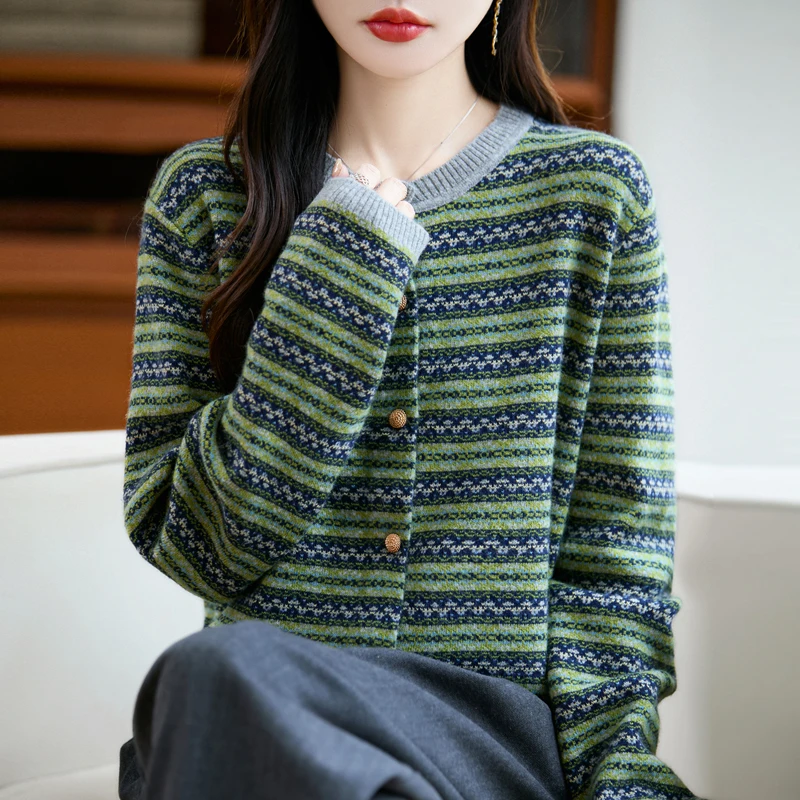 

Женский полосатый кардиган из 100% шерсти, винтажная короткая куртка с золотыми пуговицами, весенне-осенняя накидка