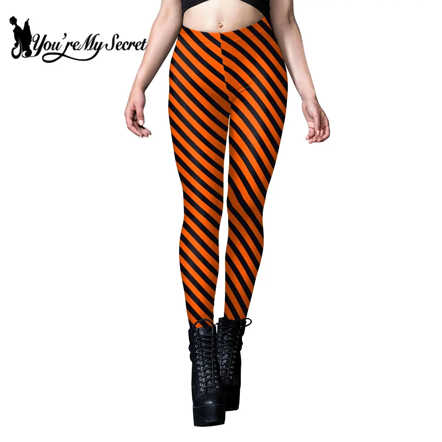 [You're My Secret] Halloween Woman Sexy Strips Print Leggings Mid Waist Fitness Workout Trousers Pants Stretch Legging