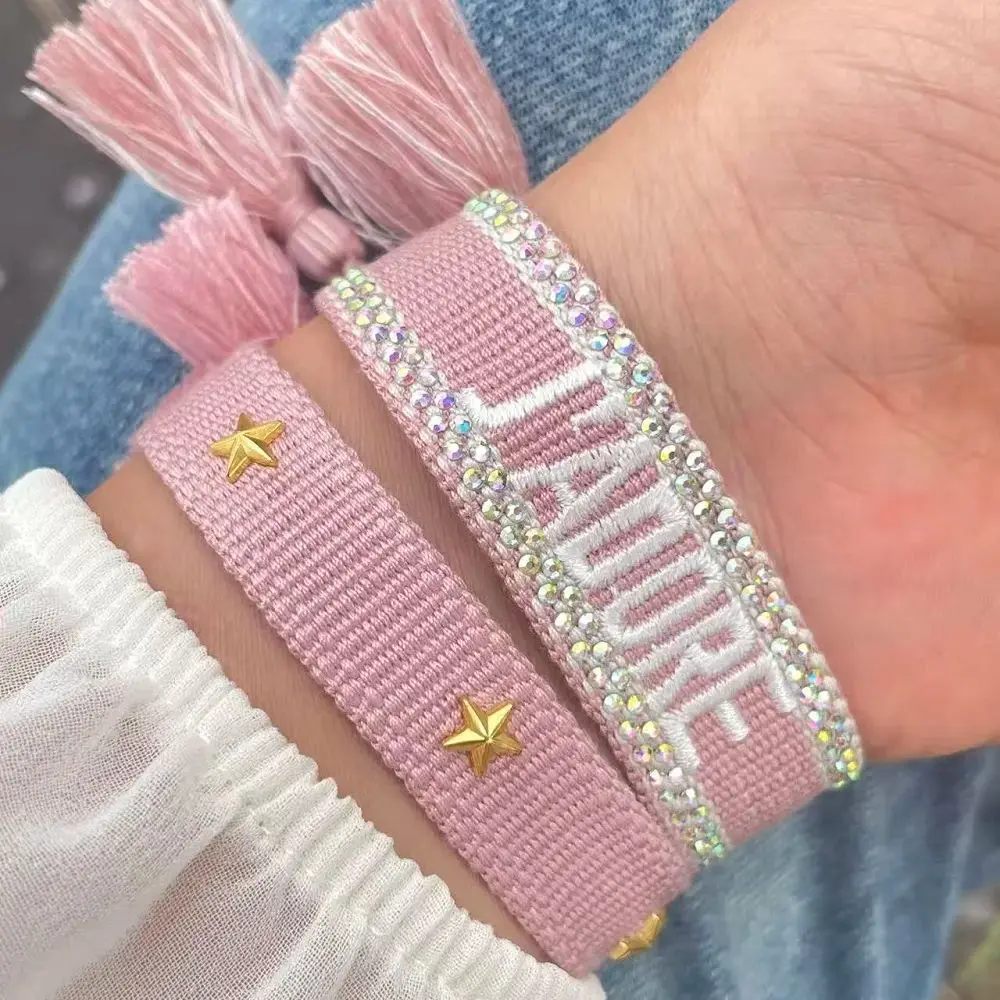 Bracelets tissés brodés de strass, corde réglable, bracelet empilable pour femmes