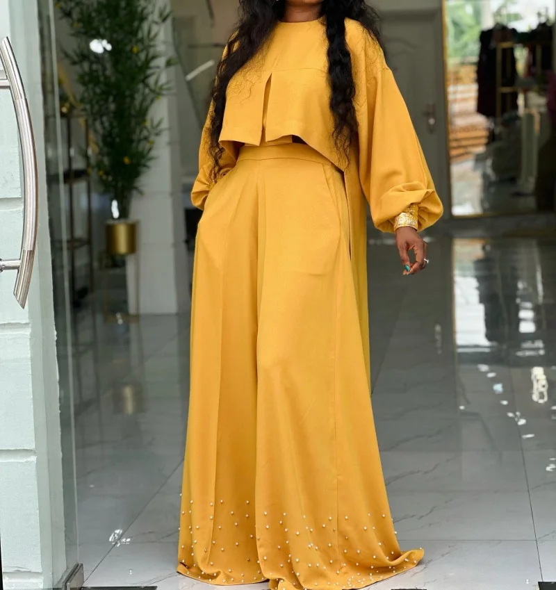 

Customized Elegant 2 Piece Spring Outfit with Lantern Sleeves And Wide Pants Ladies Suit Set Round neck irregular nail bead