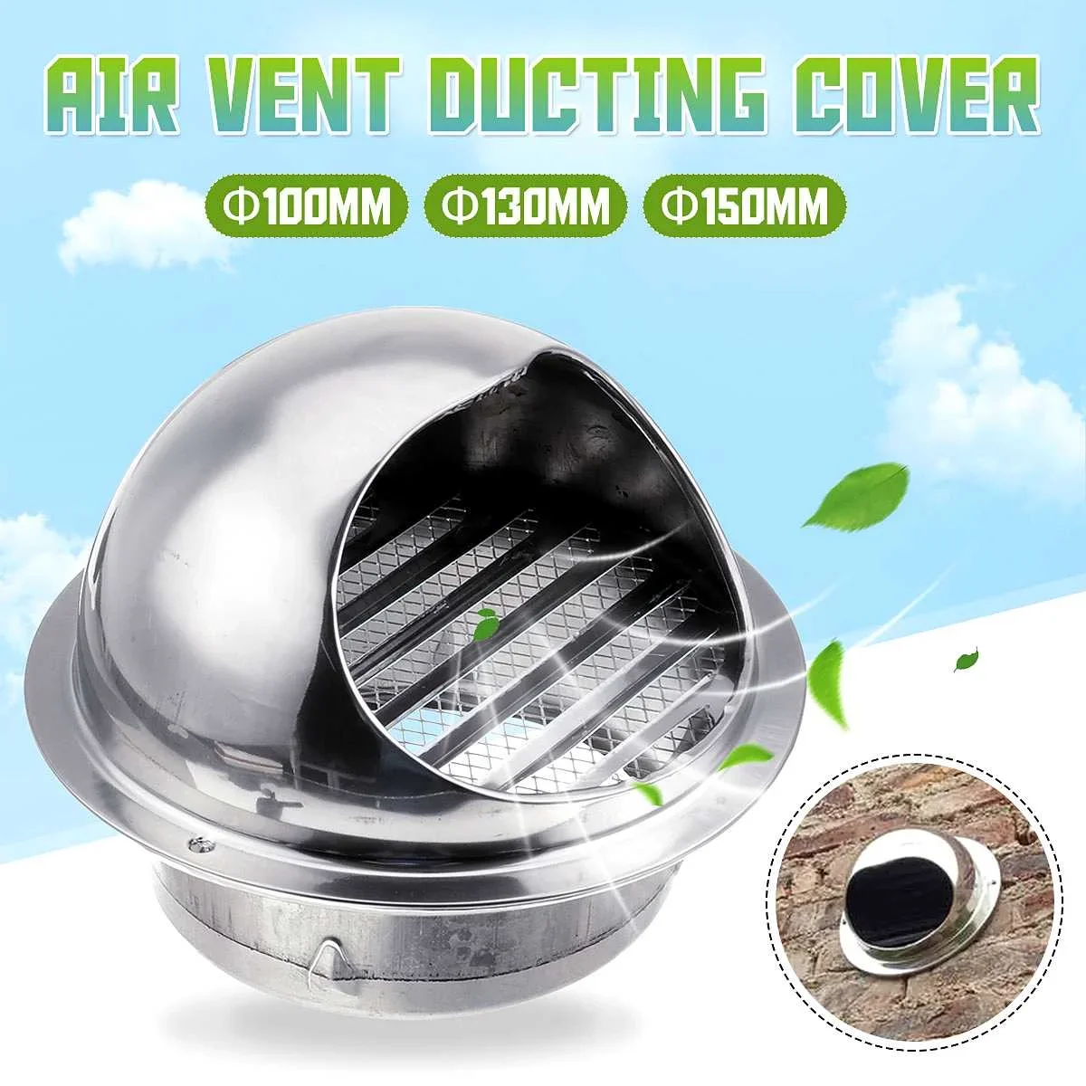 100mm/130mm/150mm 304 Stainless Steel Duct Covers Round Ventilation System Hood Exhaust Rain Cap Air Vent Rainproof Duct Cover