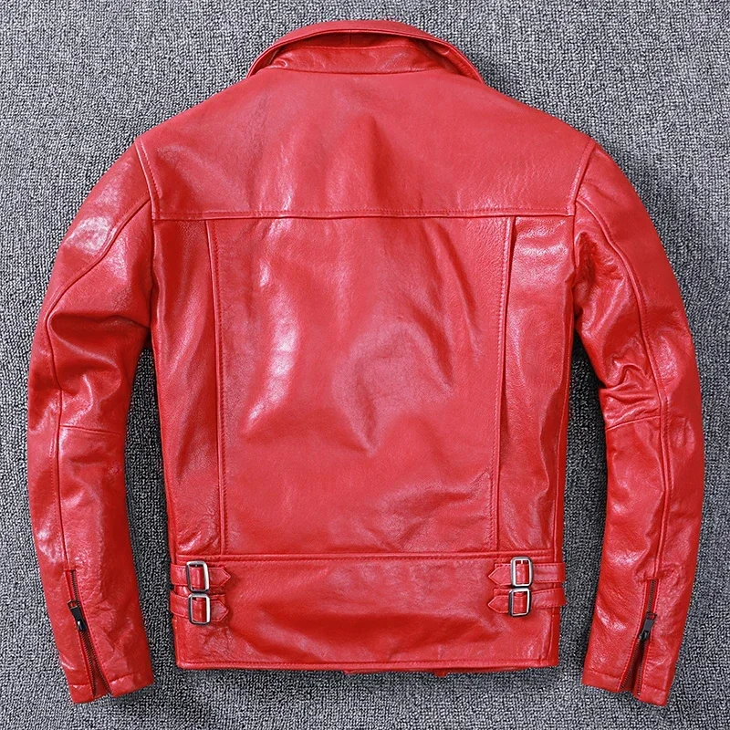 Nova primavera curtida pele de carneiro couro genuíno jaqueta da motocicleta dos homens macio vermelho fino ajuste roupas zíper oblíquo moda casaco masculino