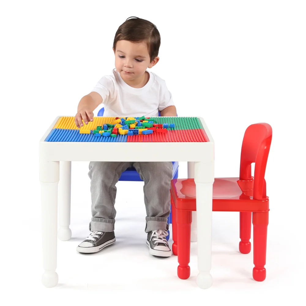 2-in-1 Plastic Kids Activity Table & 2 Chairs Set, White, Red & Blue