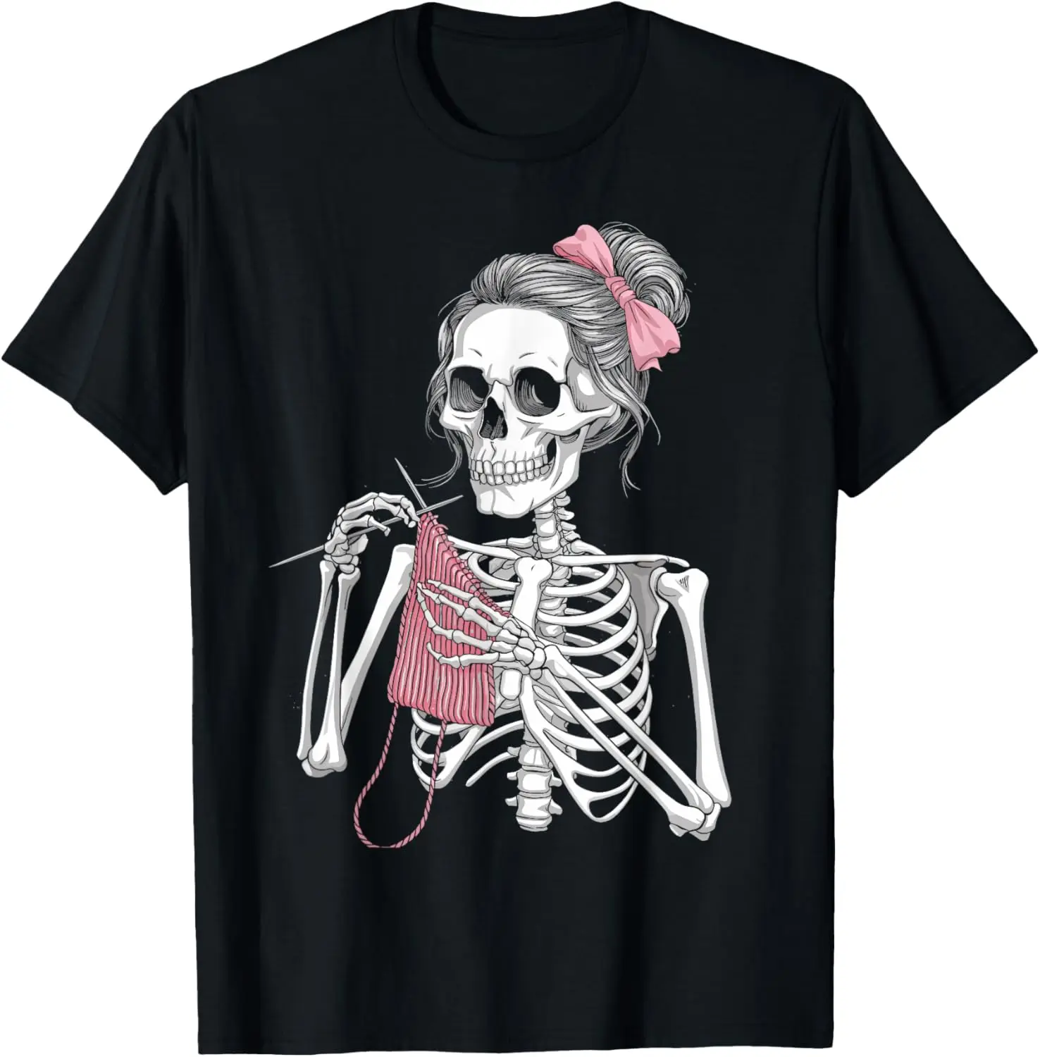 Skeleton Messy Bun Crochet Knitting Lovers Spooky Halloween T-Shirt