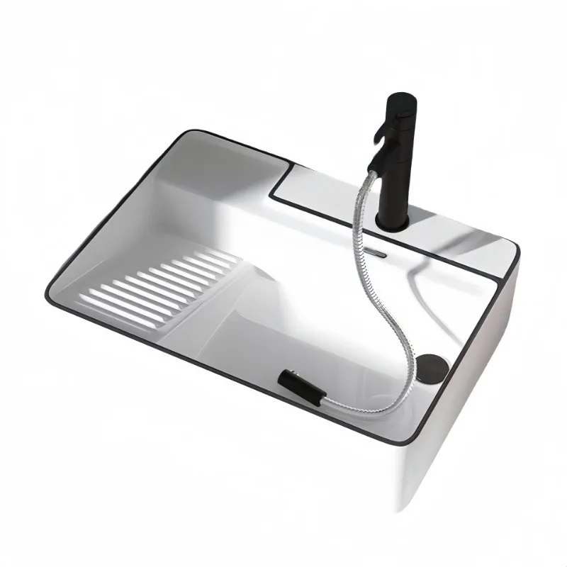 

platform basin with washboard laundry basin, left and right side drainage basin, balcony ceramic hand washing single basin