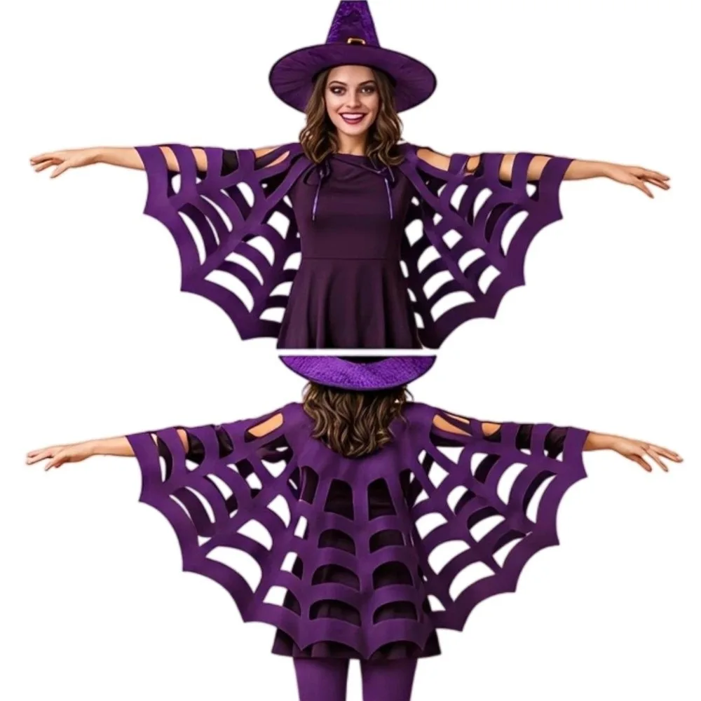 Solid Color Halloween Cape Felt Material Hollow Out Cosplay Cloak Adult Size Mesh Texture Spiderweb Shawl Festival Wear
