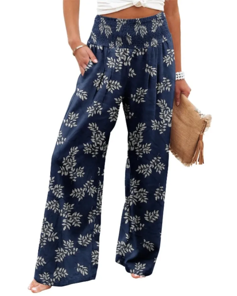 

Большие размеры 1XL-5XL, женские модные длинные брюки с эластичной резинкой на талии и цветочным принтом, женские повседневные удобные широкие брюки