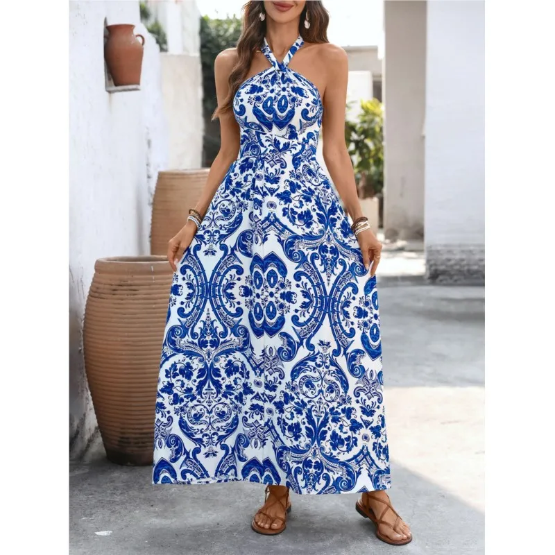 

Sexy Neck Hanging Big Hem Women's Long Dress Summer Fashion Blue White Porcelain Print Vacation Dresses Lady Backless Vestidos