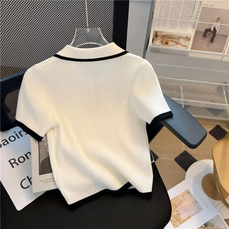 Polo Knitted T-shirt Women\'s Summer Korean Style Short Top High Waist Short Sleeve T-shirt