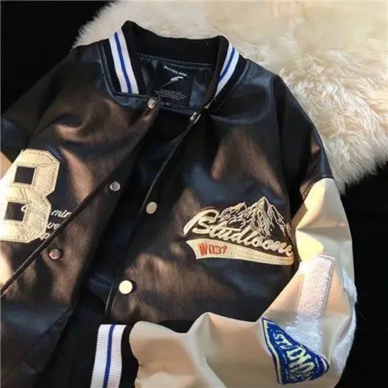 2026 2024 New American Retro High PU Leather Baseball Uniform Men And Women Y2K Couple Bomber Jacket Top Street Casual Ja view 5