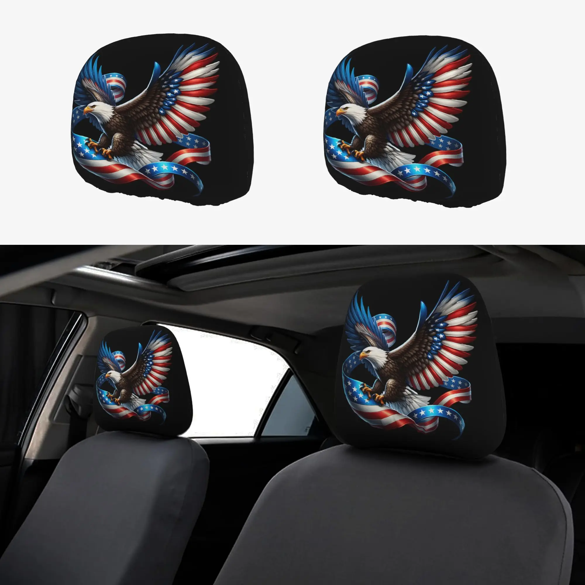 Universal Patriotic Bald Eagle US Flag Ribbon Car Headrest Cover 2Pcs 3D Digital Printed Soft Durable Auto Interior Decor