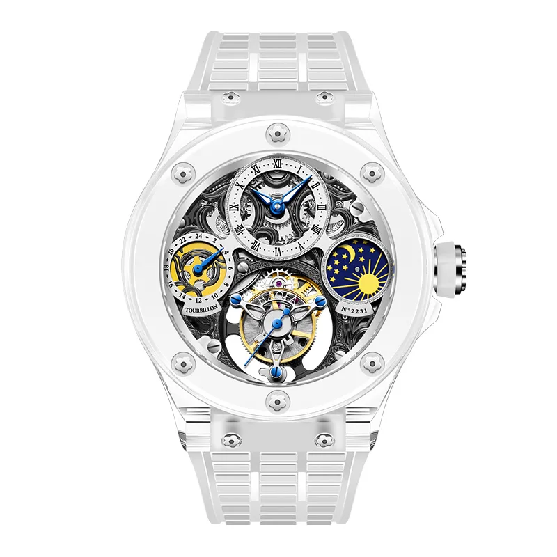 Haofa K9 Crystal Flying Tourbillon Watch GMT Moon Phase Sapphire orologi da polso meccanici manuali impermeabili per uomo Luxury 2231