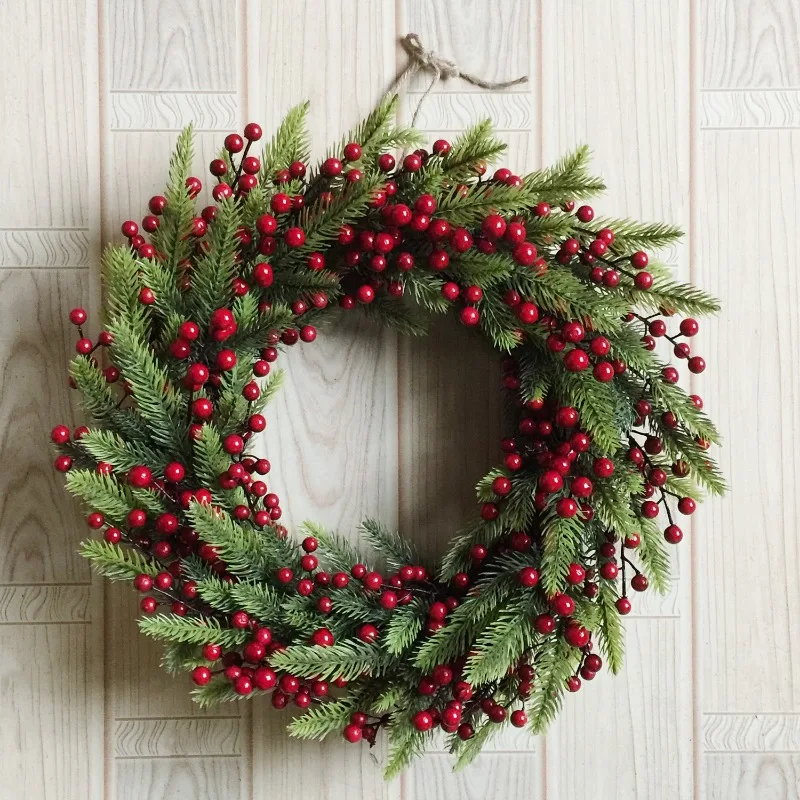 Simulation Wreath Decoration Christmas Party Pendant Handmade Red Berry Green Leaf Steel Ring Large Wreath Wedding Decorations