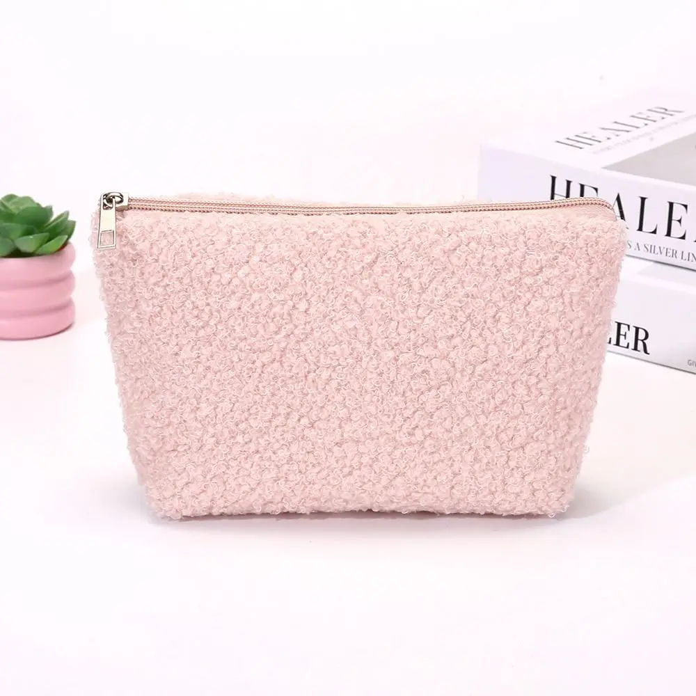 Gifts Sherpa Fleece Cosmetic Bag Soft Texture Zipper Closure Toiletry Bag Makeup Pouch Travel Toiletries