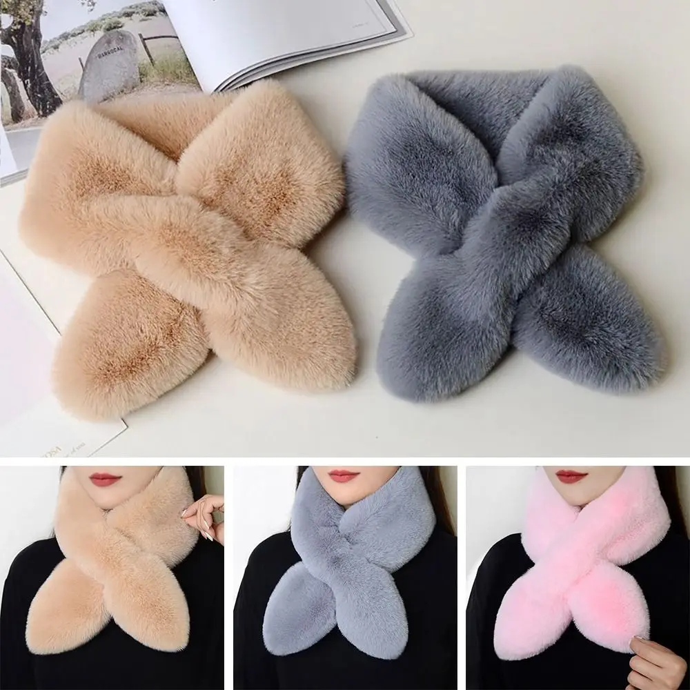 Cute Solid Color Cross Scarf Faux Rabbit Fur Plush Thicken Neck Scarf Neckerchief Wrap Women