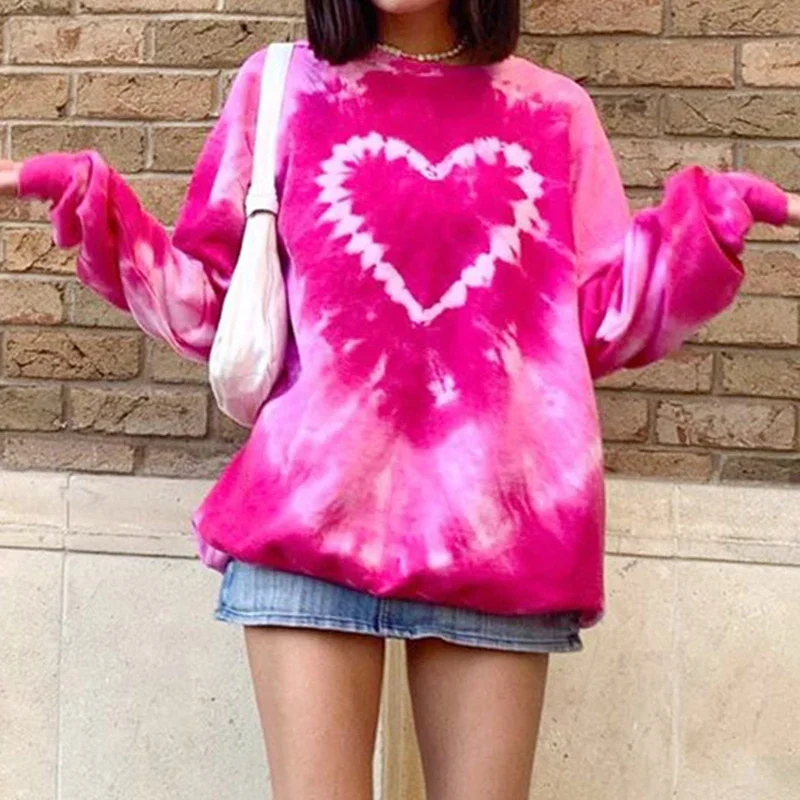 Women 2023 E-Girl Tie Dye Crewneck Long Sleeve Tops Autumn Pullovers Heart Pattern Y2K Aesthetics Pink Oversized Sweatshirts
