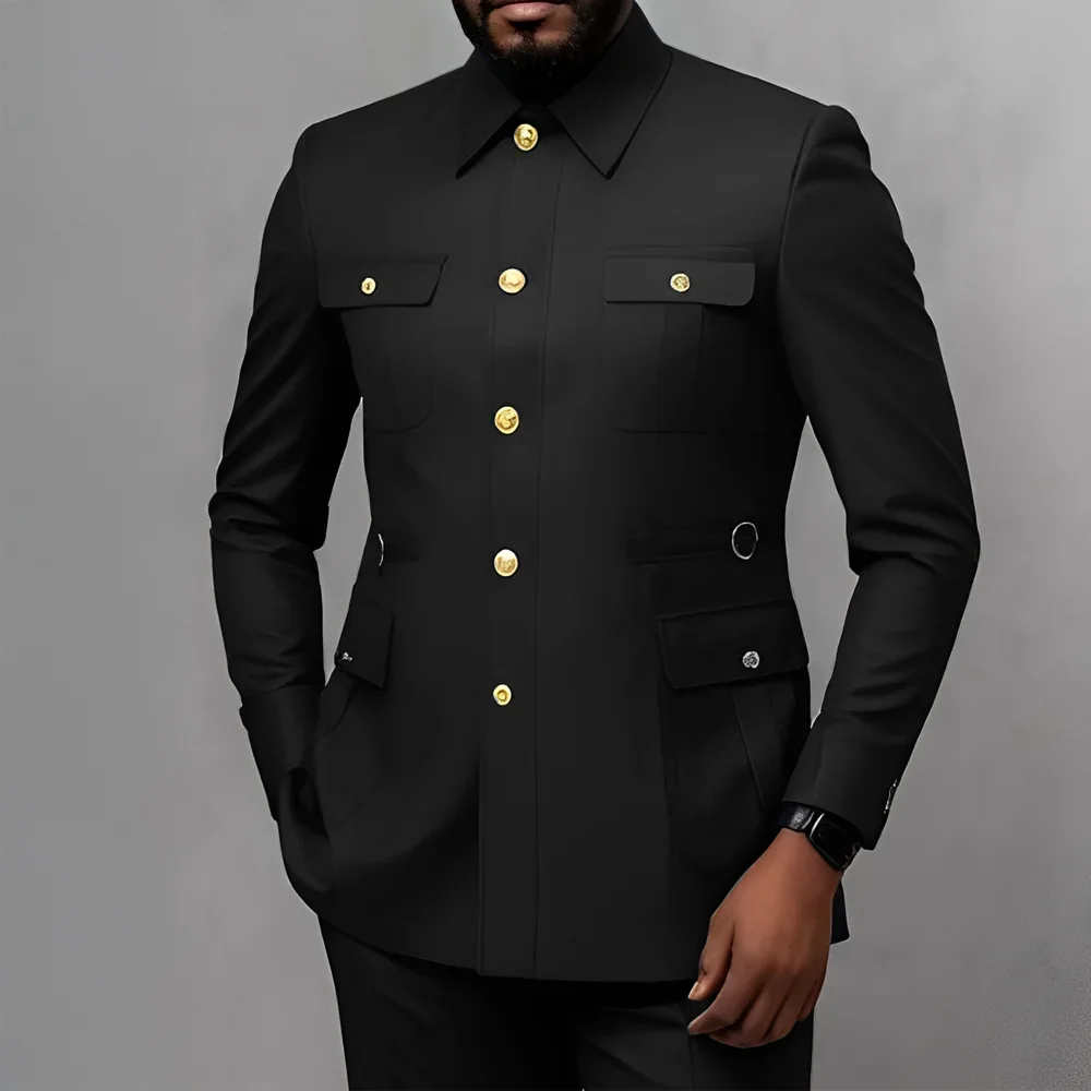 

Men's 2-Piece Suit Formal Utility Style Fashionable Business Use Golden Buttons Blazer Trousers Vest Combination
