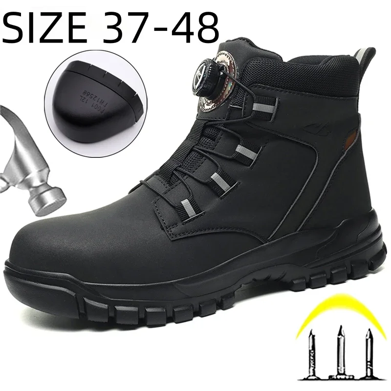 

Large Size 37-48 Men Waterproof Work Boots Rotating Buttons Safety Shoes Steel Toe Shoes Puncture-Proof Indestructible Shoes