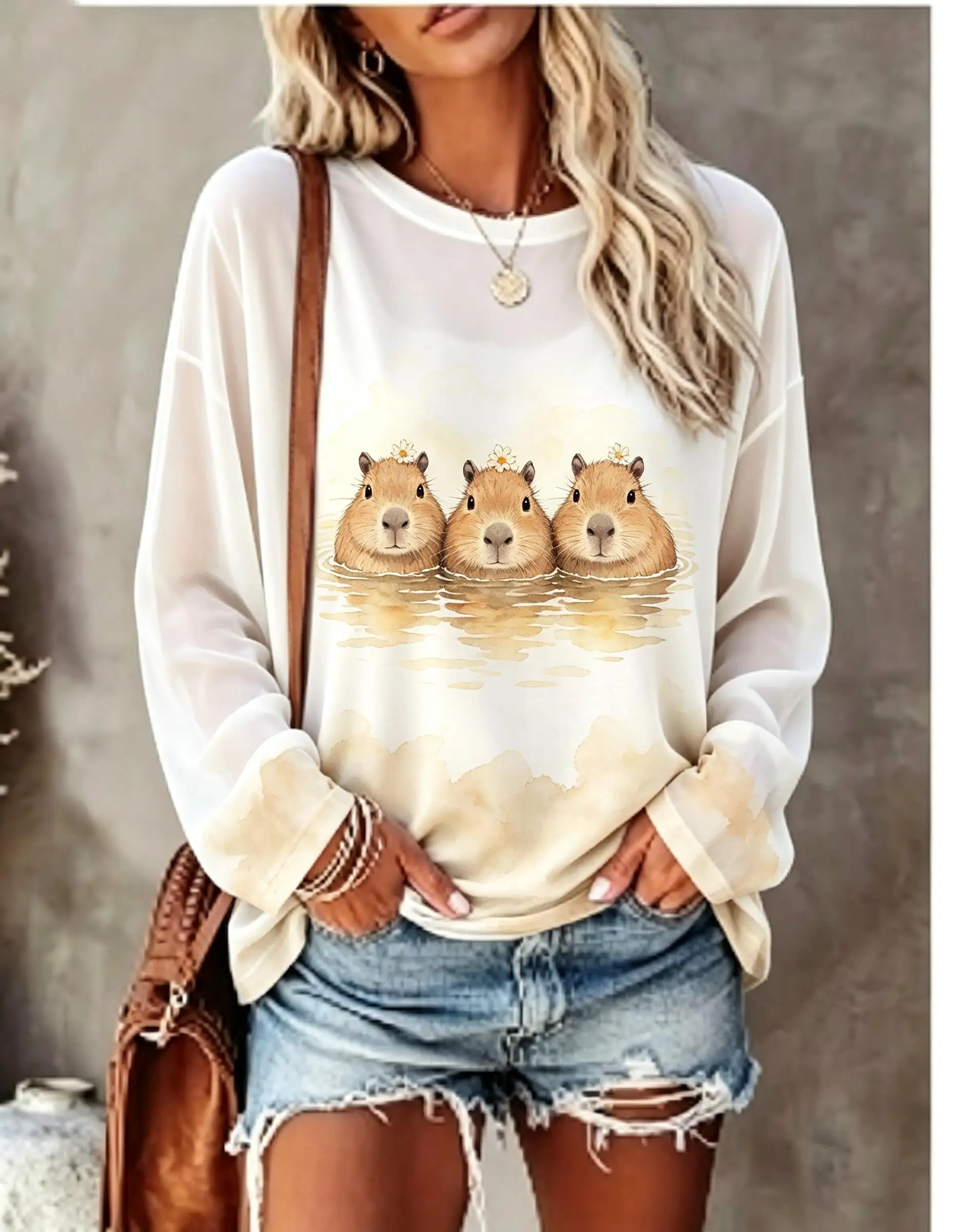 T-shirt à manches longues pour femmes, motif mignon de trois capybaras en aquarelle sur fond de lac, col rond, haut décontracté pour l'automne.