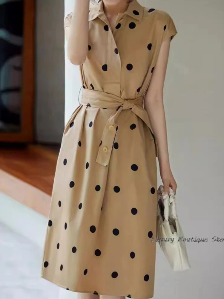 Polka Dot Khaki A-line Casual Women Dress 2024 New Short Sleeve Chic Summer Dress Belted Elegant Fashion Vestidos Cotton Blend