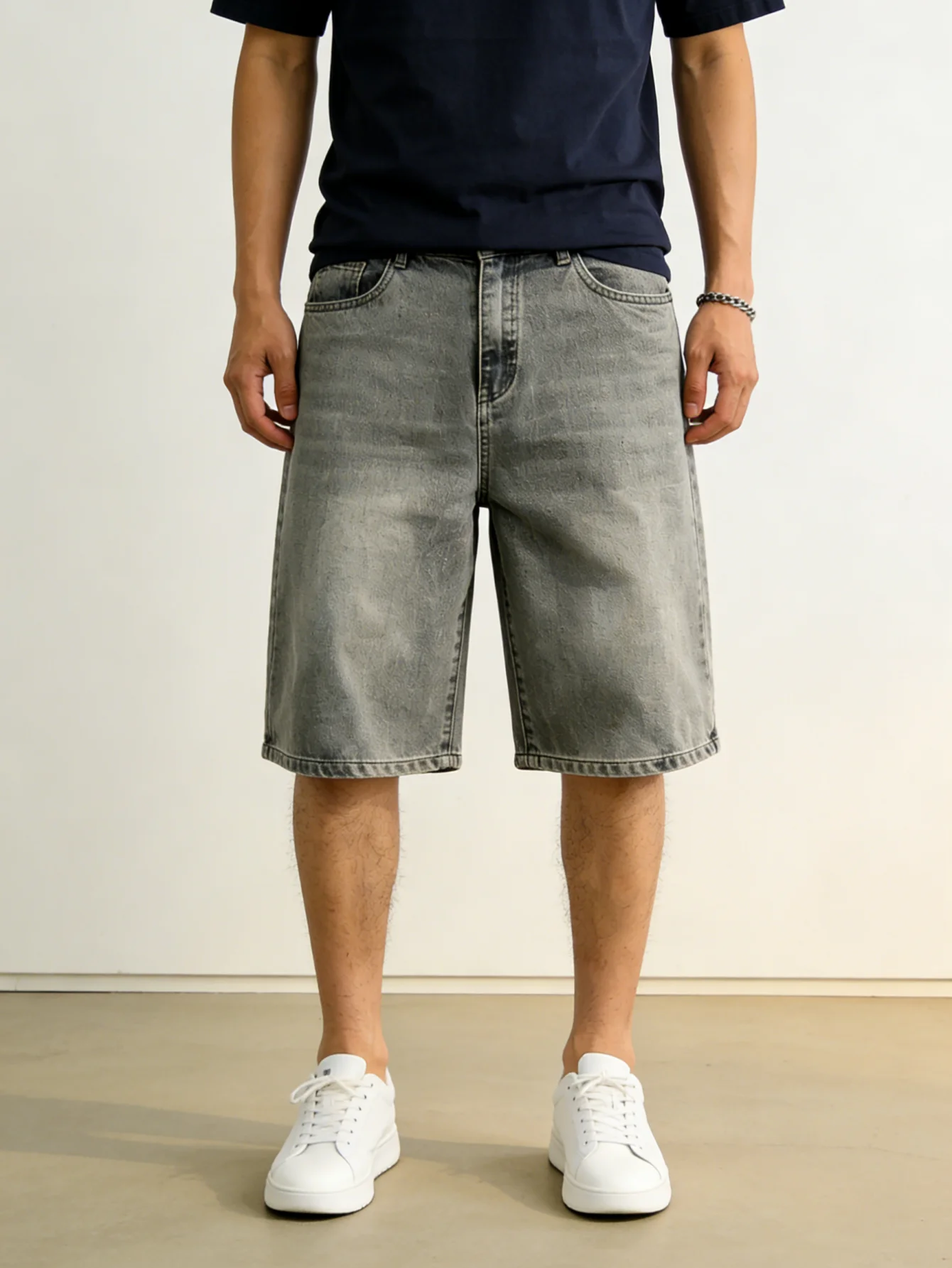 

Loose fit casual denim jorts for men non stretch black light gray solid daily basic comfortable short jeans