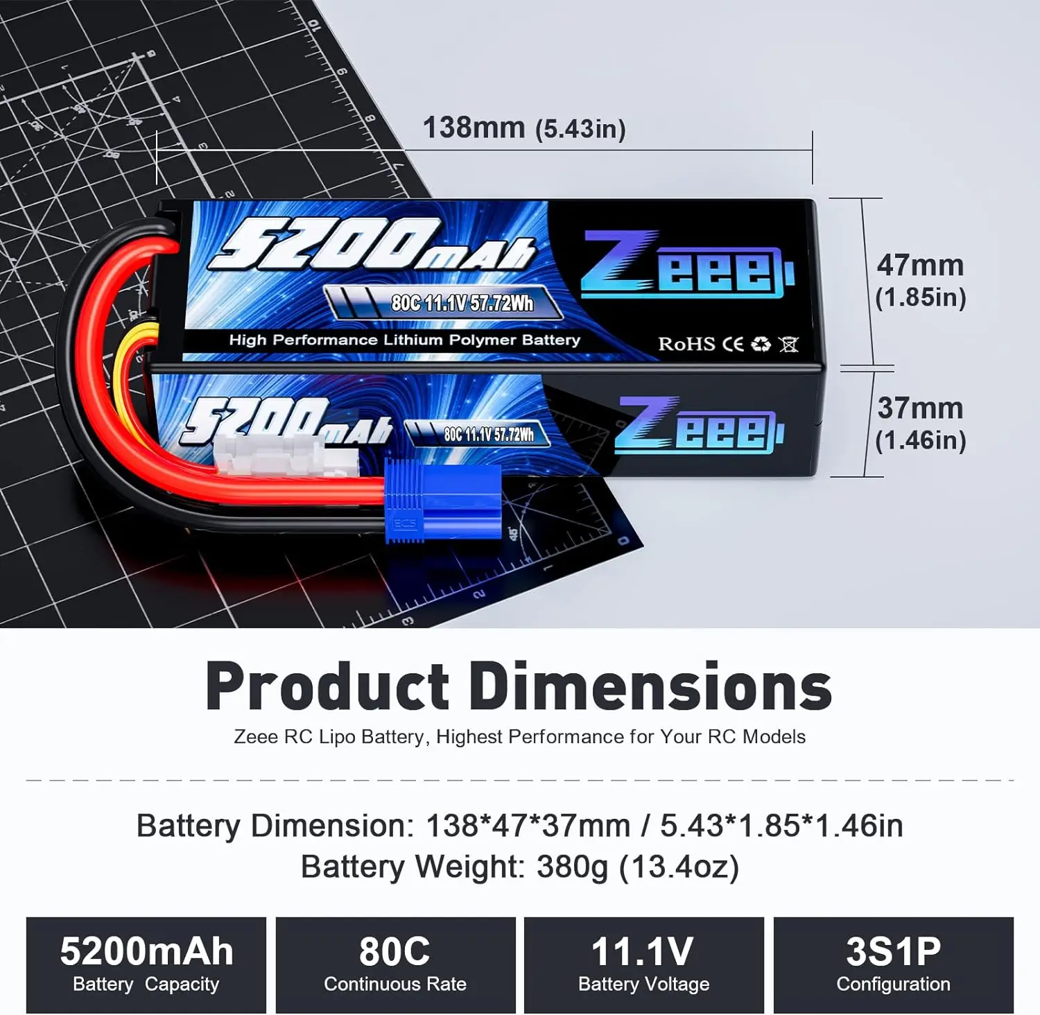 2pcs Zeee 11.1V 80C 5200mAh 3S Lipo Battery with EC5/3/T/XT60 Plug Hardcase Battery for RC Car Boat Truck Helicopter Airplanes