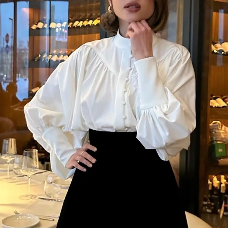 Camicette bianche da donna Camicia elegante manica lunga a sbuffo a lanterna Colletto alla coreana Chic Vintage Office Ladies Autunno High Street Button y2k