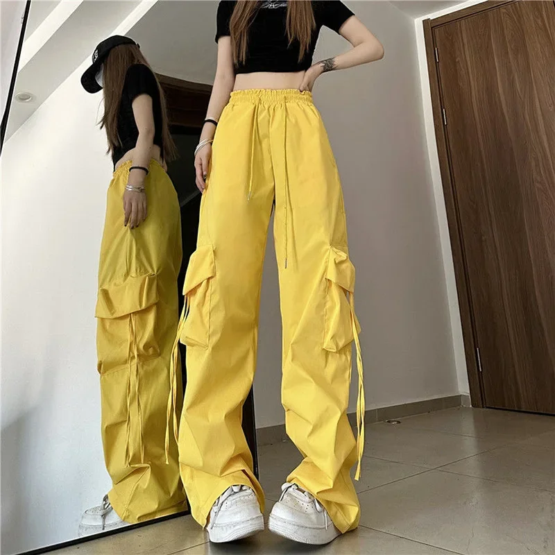 

Hip Hop Pure Color Yellow Y2k Baggy Cargo Pants Women High Streetwear Vintage Trousers High-Waist Drawstring Wide Leg StreetPant