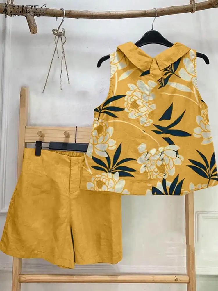 

ZANZEA Women Summer 2pcs Short Sets Casual Loose Printed Tank and Shorts Fashion Sweety Tracksuit Holiday 2024 Matching Suits