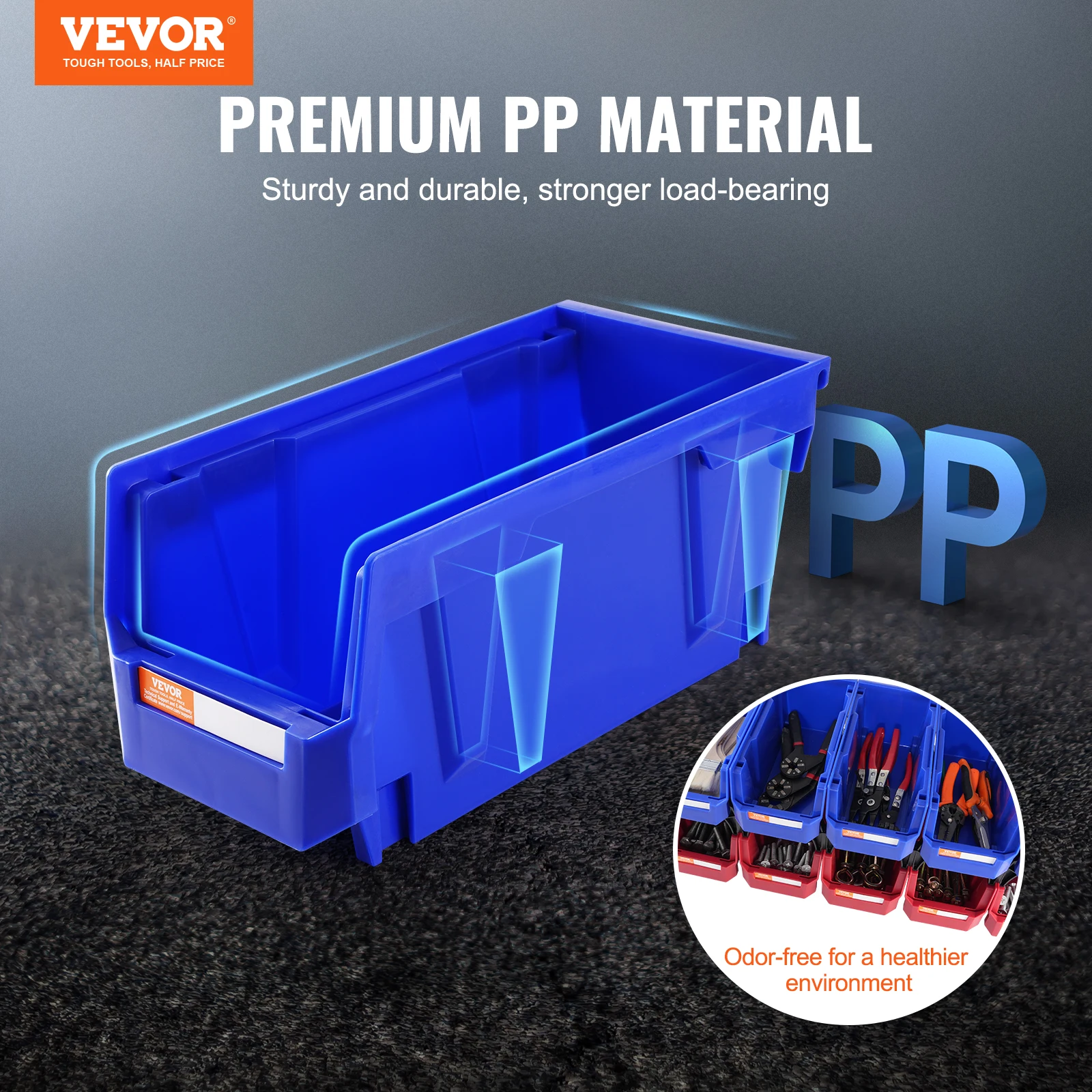 VEVOR tempat sampah 12 buah, kotak penyimpanan peralatan garasi plastik biru/merah dapat ditumpuk 5x4*3 inci 12 buah untuk lemari garasi