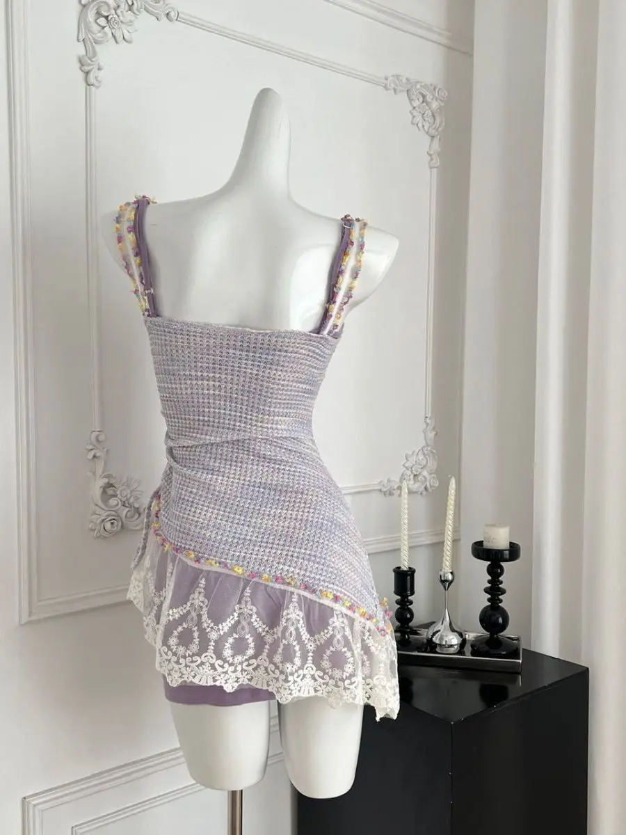 Letni, wyszczuplający komplet z koronki: dzianinowa narzutka, fioletowy, z paskiem, dwuczęściowy, seksowny, słodki, stringi, na co dzień, do pracy.