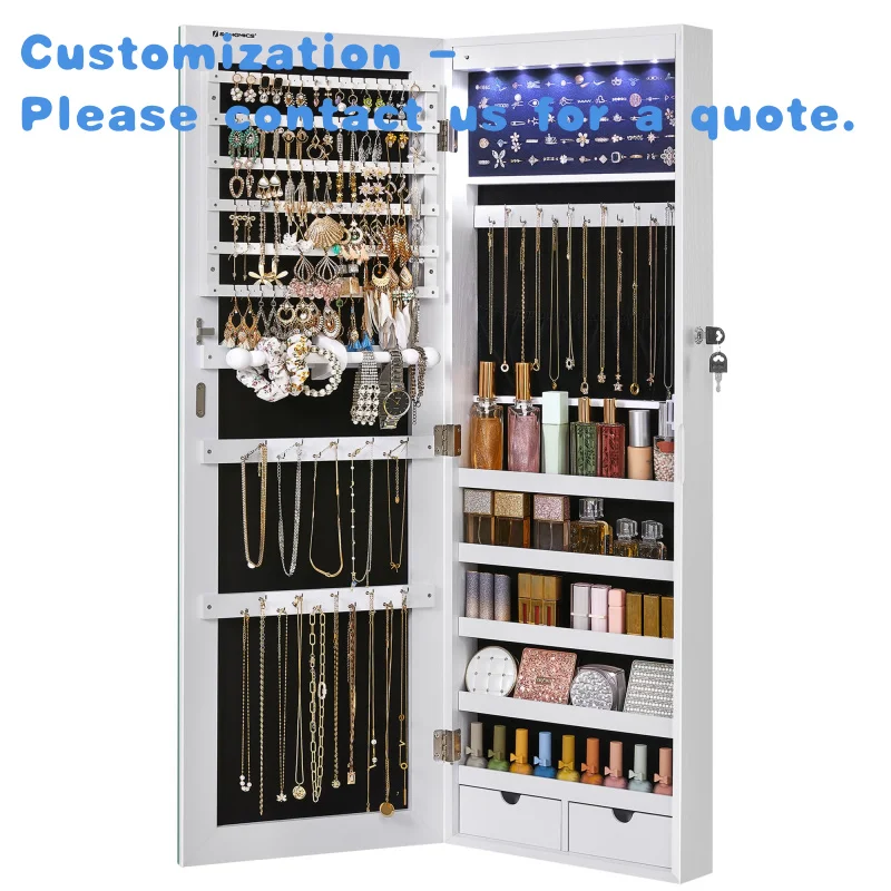 

custom.Nicetree Large Capacity Lockable Jewelry Armoire Organizer 6 LEDs Mirror Jewelry Cabinet White Wall Mounted Mirror Storag