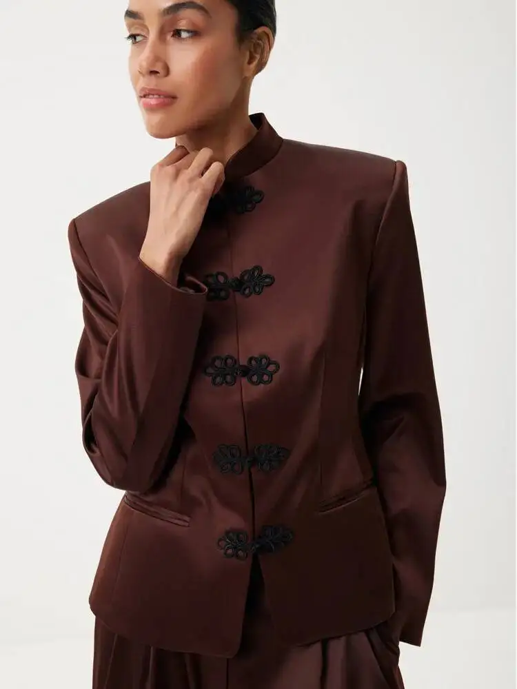 Blazer court décontracté TOKO pour femme, style chinois, col mandarin, boutons grenouille, collection Printemps-Été 2026, tendance et élégant