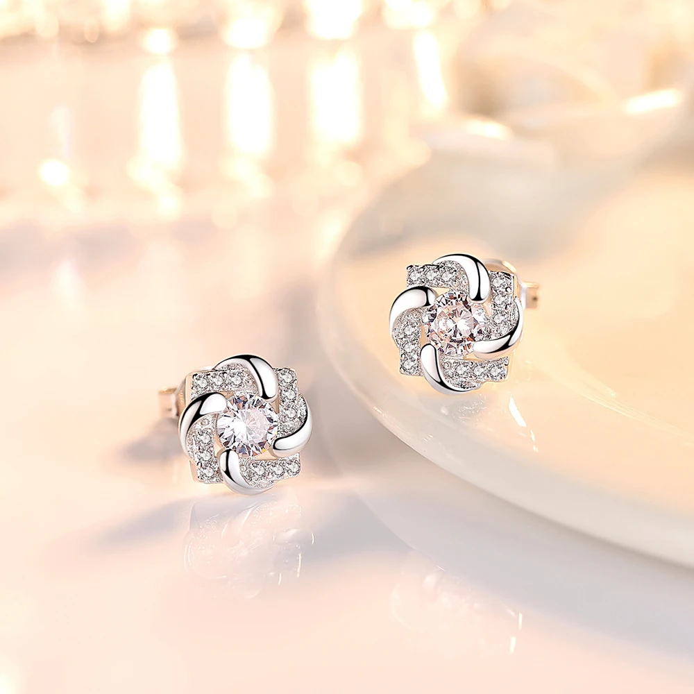 Solid 925 Sterling Silver Crystal Zircon Jewelry Trendy Flower Stud Earrings For Woman New XY0299