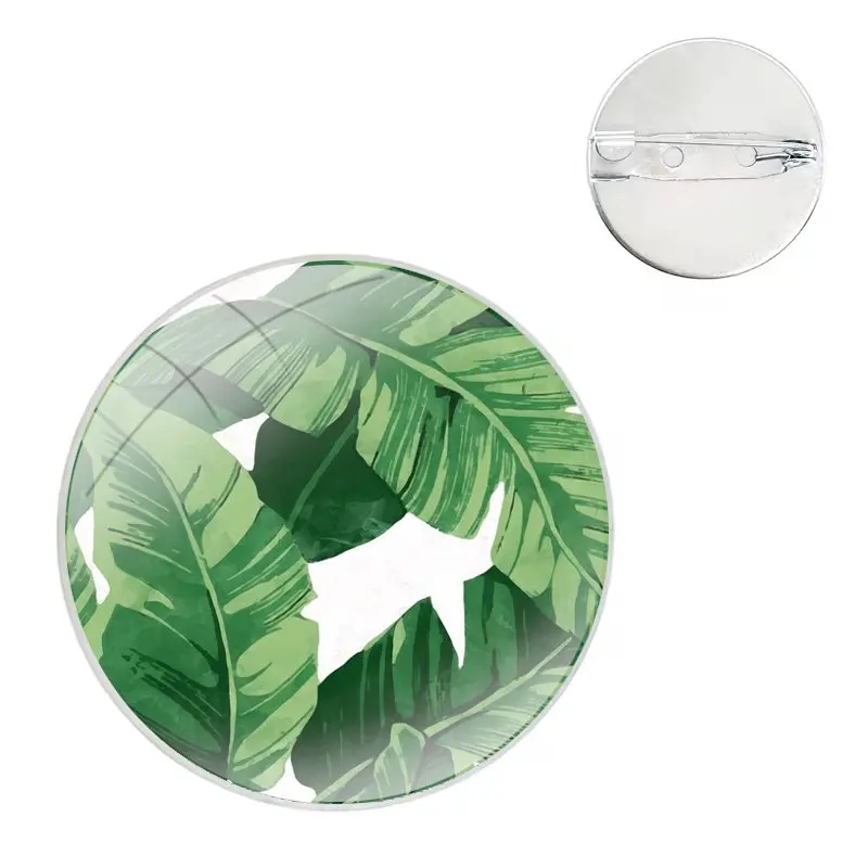 Glass Dome Brooches Shirt Lapel Bag Cute Badge Pins For Clothes Hat Accessories Plantain Banana Leaf Plants