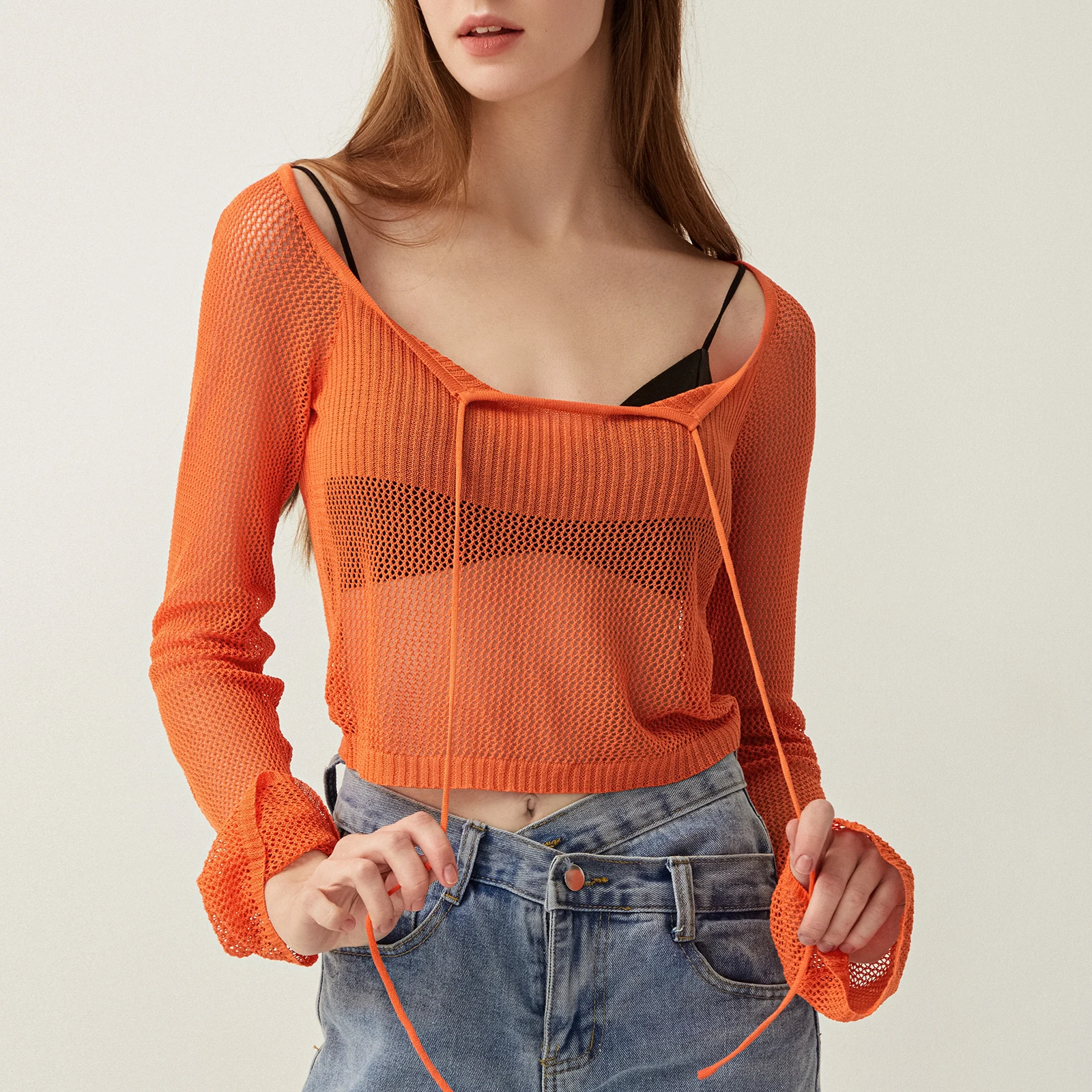 Women Retro Knitted Crop Tops Low Cut Tie-Up Long Sleeve Crochet Slim Fit Pullover Hollow Out Jumper Tops 90s Streetwear