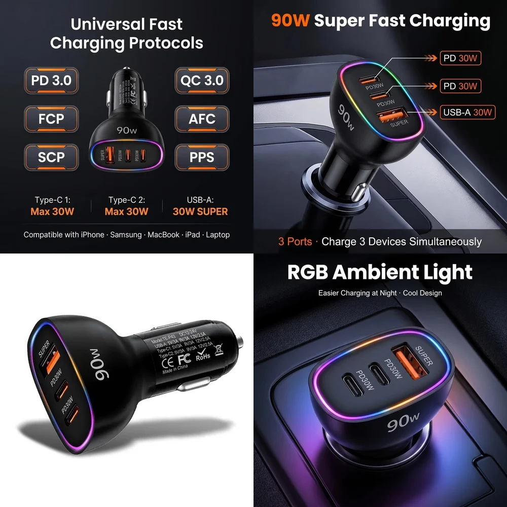 90W Total Output Car Charger 3 Port Dual PD 30W Type C USB A 30W Super Fast Charging Adapter for Laptop MacBook Phone RGB Bumper