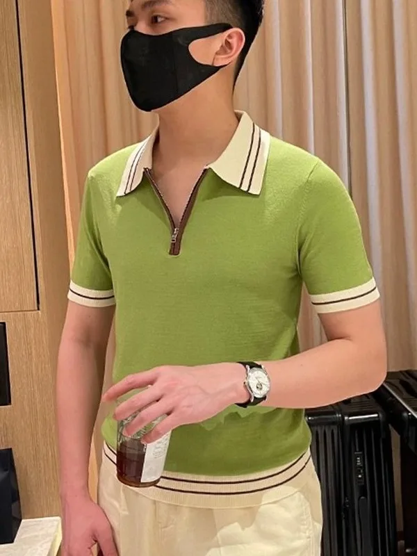 

Faionable Men's Color Blo irt Summer New Sle Slim Fit ort Sve Топ с отложным воротником Молодежный активный Sle Casua...