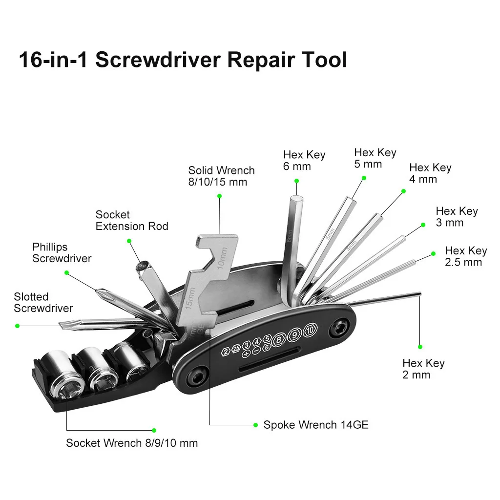 16 In1 Screwdriver Repair Tool Kit Touring Pocket Allen MTB Mountain Cycle Spoke Motor Fix Multi Tool Hex Repair Multifunction