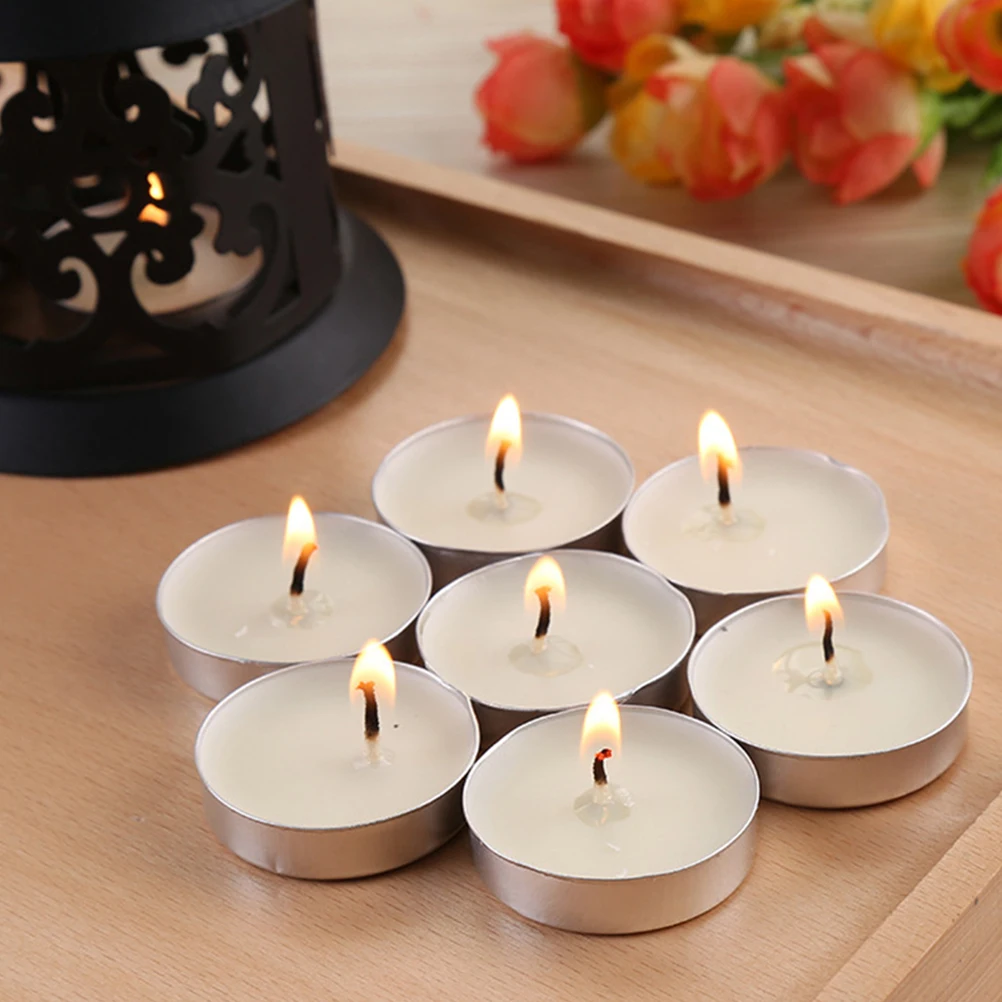 Juego de 50 Uds sin humo, velas pequeñas de cera de té enlatadas para decoración del hogar, adornos navideños para el Día de Acción de Gracias y Halloween