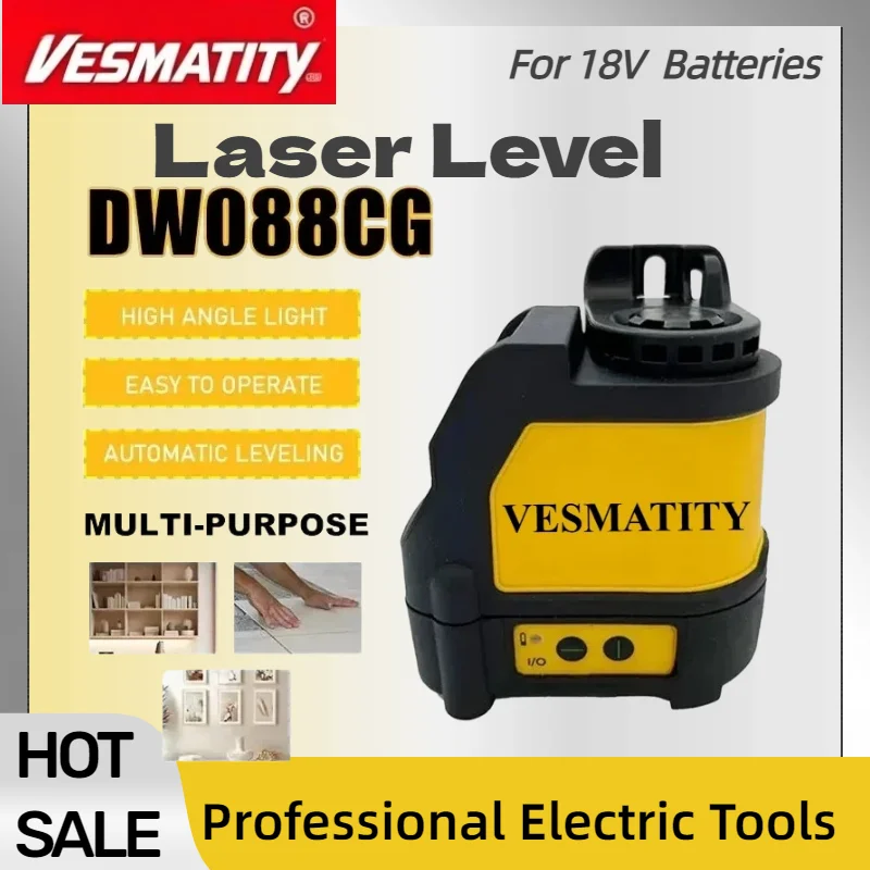 DW088CG 2‑Lines Green Beam Laser Level Self‑Levelling Cross Line Horizontal Vertical Power Tool For DEWALT Battery