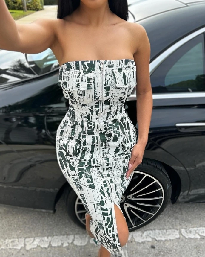 Abiti Vintage per le donne 2024 Summer Letter Print Design con cerniera a fascia Slash Neck Backless Split Bodycon Midi Dress Party