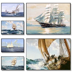 Vintage Ship Sailing Retro Nordic Canvas Poster Painting Boat At Sea Wall Art Pictures for Living Room Bedroom Office Decor
