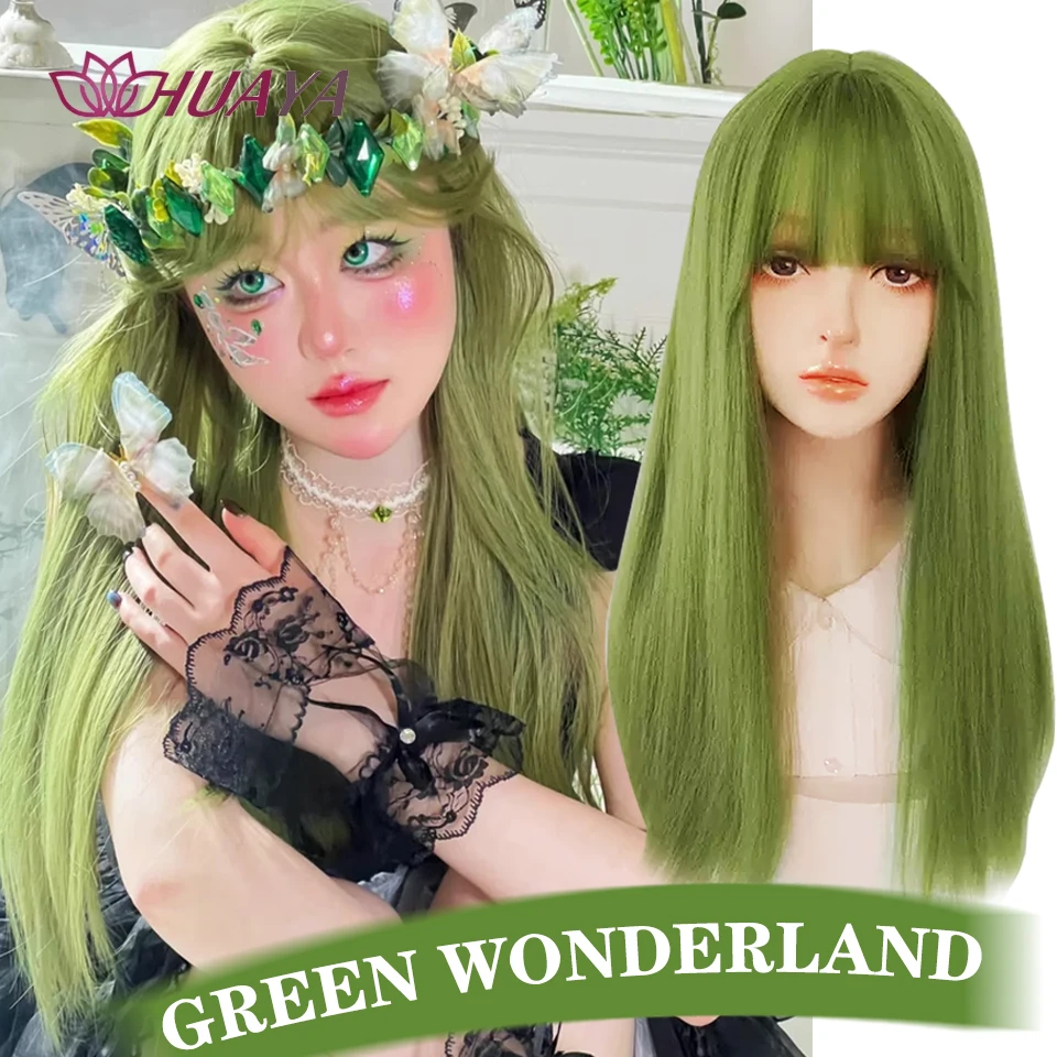 

Long Straight Green Synthetic Wigs with Bangs for Women Green Cosplay Colorful Wigs Christmas Natural Fake Hair Heat Resistant