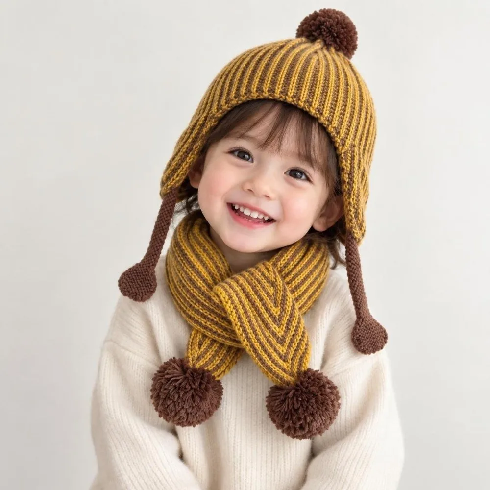 2Pcs/Set New Stripe Children Hat Scarf Set Ear Protection Vintage Knitted Pom Pom Hat Warm Soft Neck Warmer Outdoor